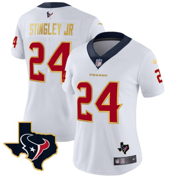 Women’s Houston Texans Gold Trim Vapor Jersey – All Stitched – White – Derek Stingley Jr.