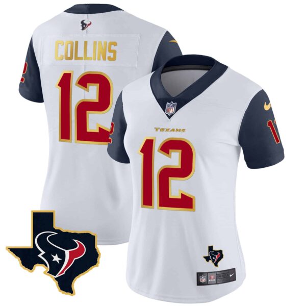 Women’s Houston Texans Gold Trim Vapor Jersey – All Stitched – Navy Sleeves – Nico Collins