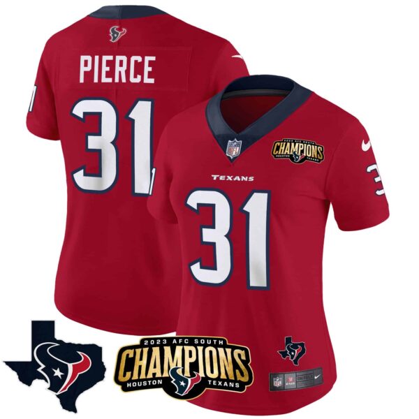 Women’s Houston Texans 2023 AFC South Champions Patch Vapor Jersey – All Stitched – Red – Dameon Pierce