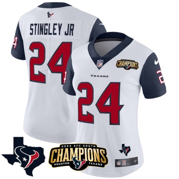 Women’s Houston Texans 2023 AFC South Champions Patch Vapor Jersey – All Stitched – Navy Sleeves – Derek Stingley Jr.