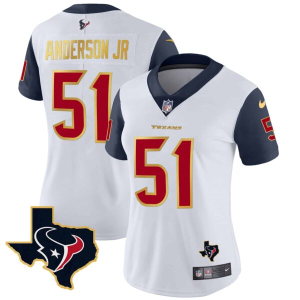 Women’s Houston Texans Gold Trim Vapor Jersey – All Stitched – Navy Sleeves – Will Anderson Jr.