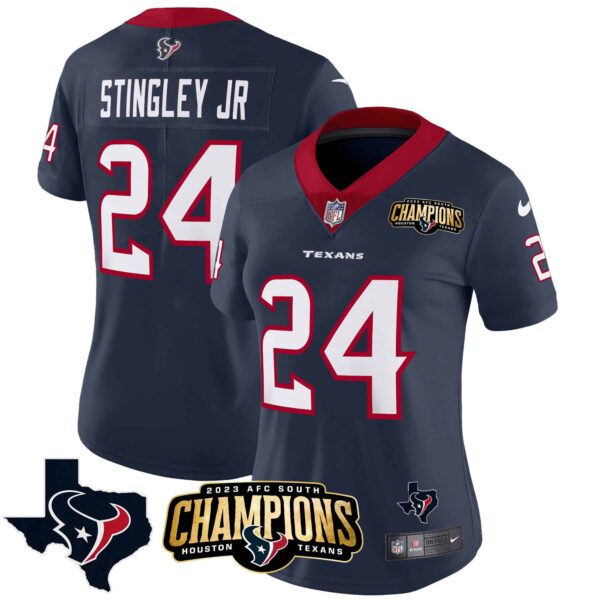 Women’s Houston Texans 2023 AFC South Champions Patch Vapor Jersey – All Stitched – Navy – Derek Stingley Jr.