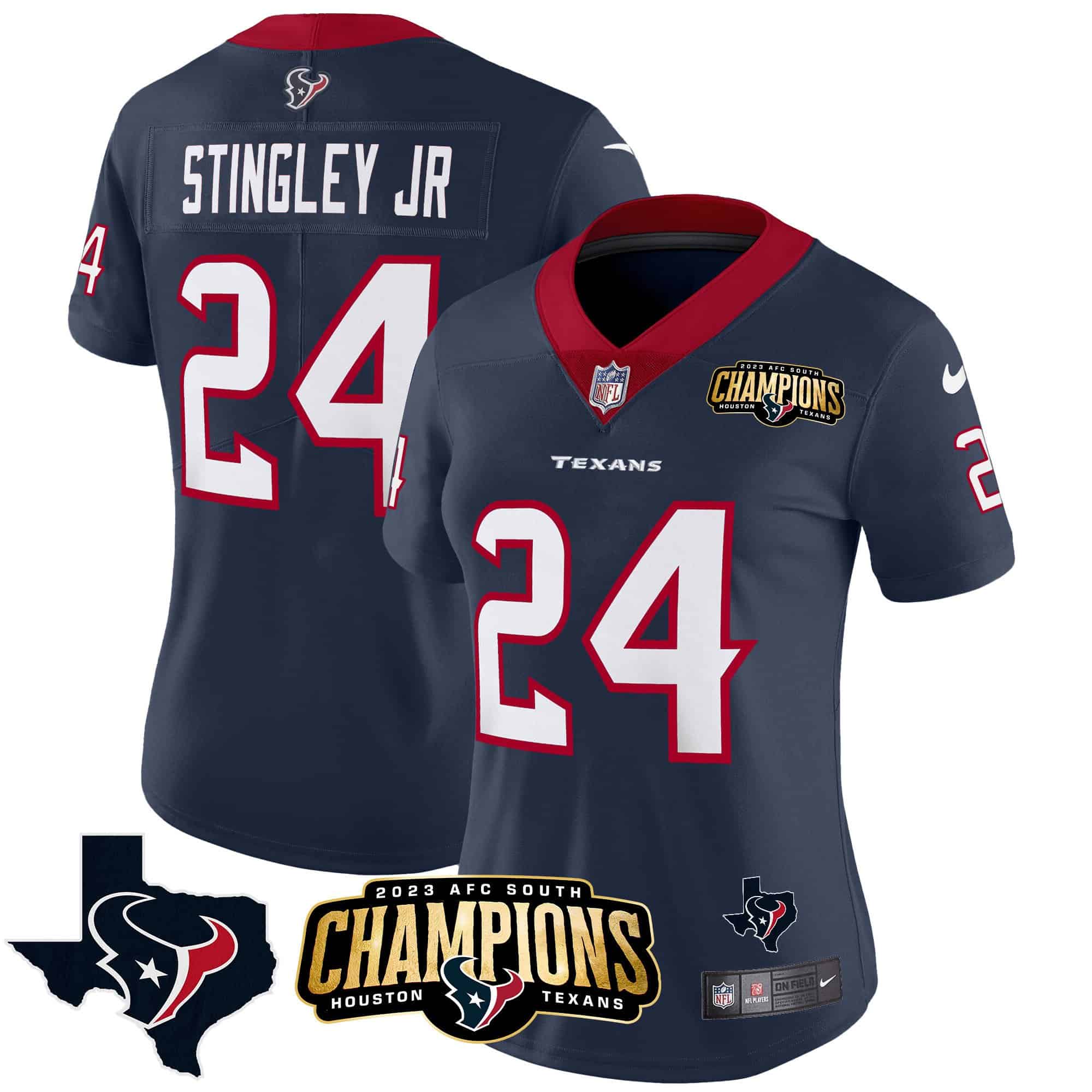 Women’s Houston Texans 2023 AFC South Champions Patch Vapor Jersey – All Stitched – Navy – Derek Stingley Jr.