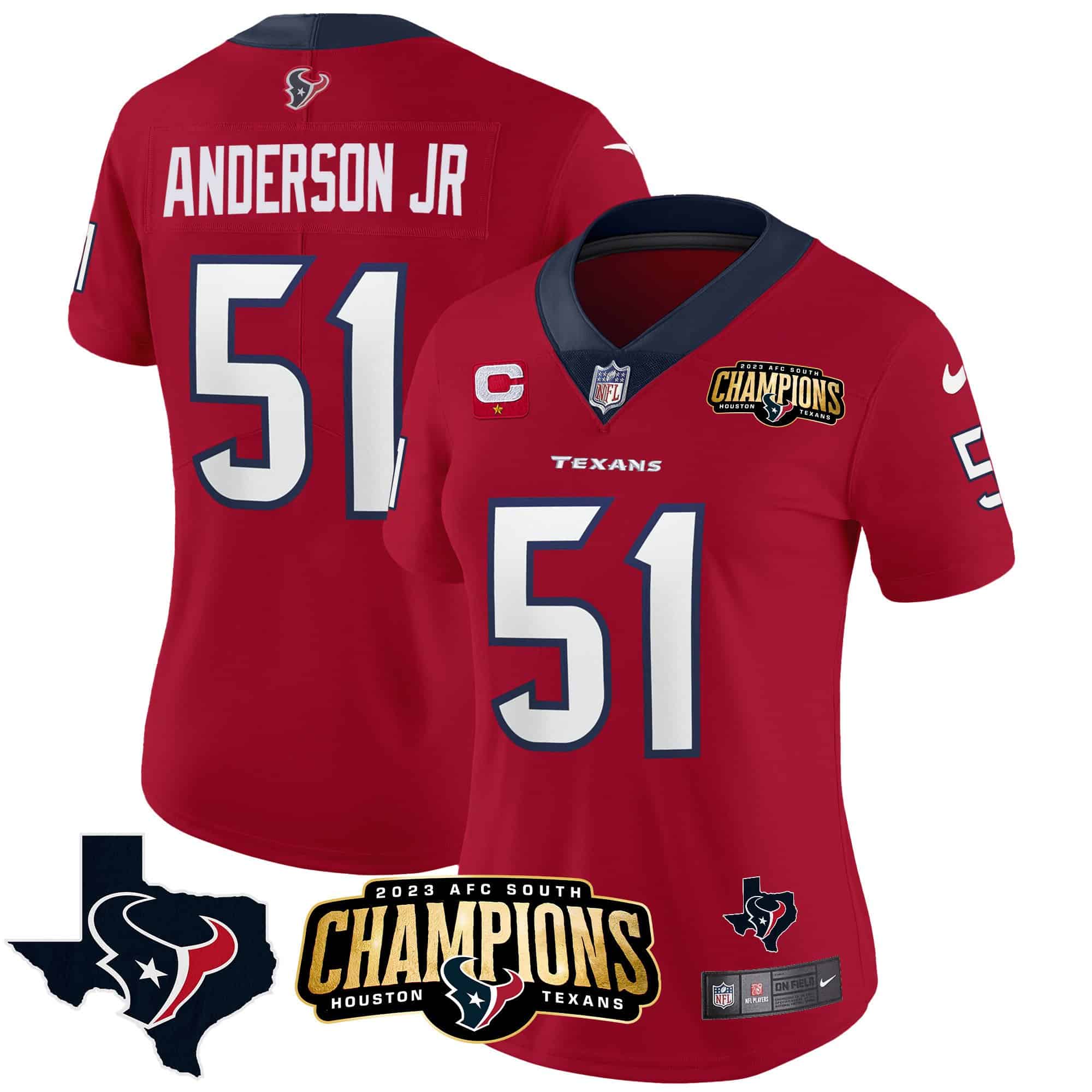 Women’s Houston Texans 2023 AFC South Champions Patch Vapor Jersey – All Stitched – Red – Will Anderson Jr.