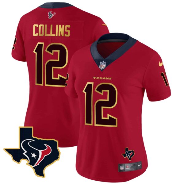 Women’s Houston Texans Gold Trim Vapor Jersey – All Stitched – Red – Nico Collins