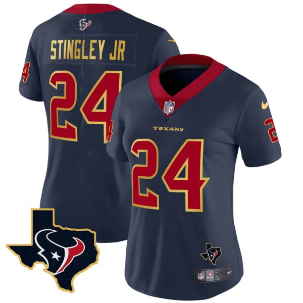 Women’s Houston Texans Gold Trim Vapor Jersey – All Stitched – Navy – Derek Stingley Jr.