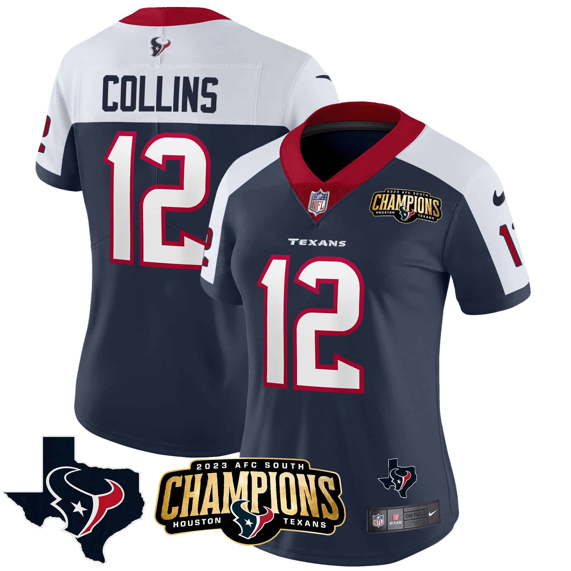 Women’s Houston Texans 2023 AFC South Champions Patch Vapor Jersey – All Stitched – Alternate – Nico Collins