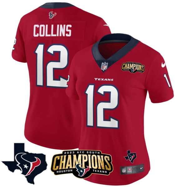 Women’s Houston Texans 2023 AFC South Champions Patch Vapor Jersey – All Stitched – Red – Nico Collins