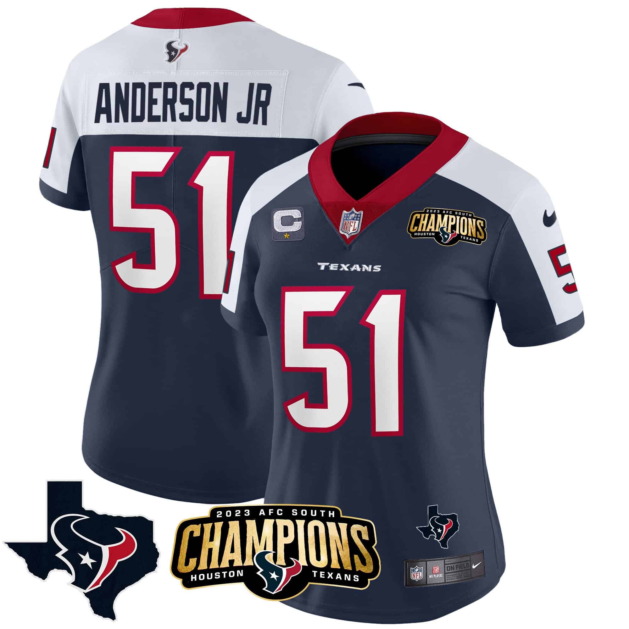 Women’s Houston Texans 2023 AFC South Champions Patch Vapor Jersey – All Stitched – Alternate – Will Anderson Jr.
