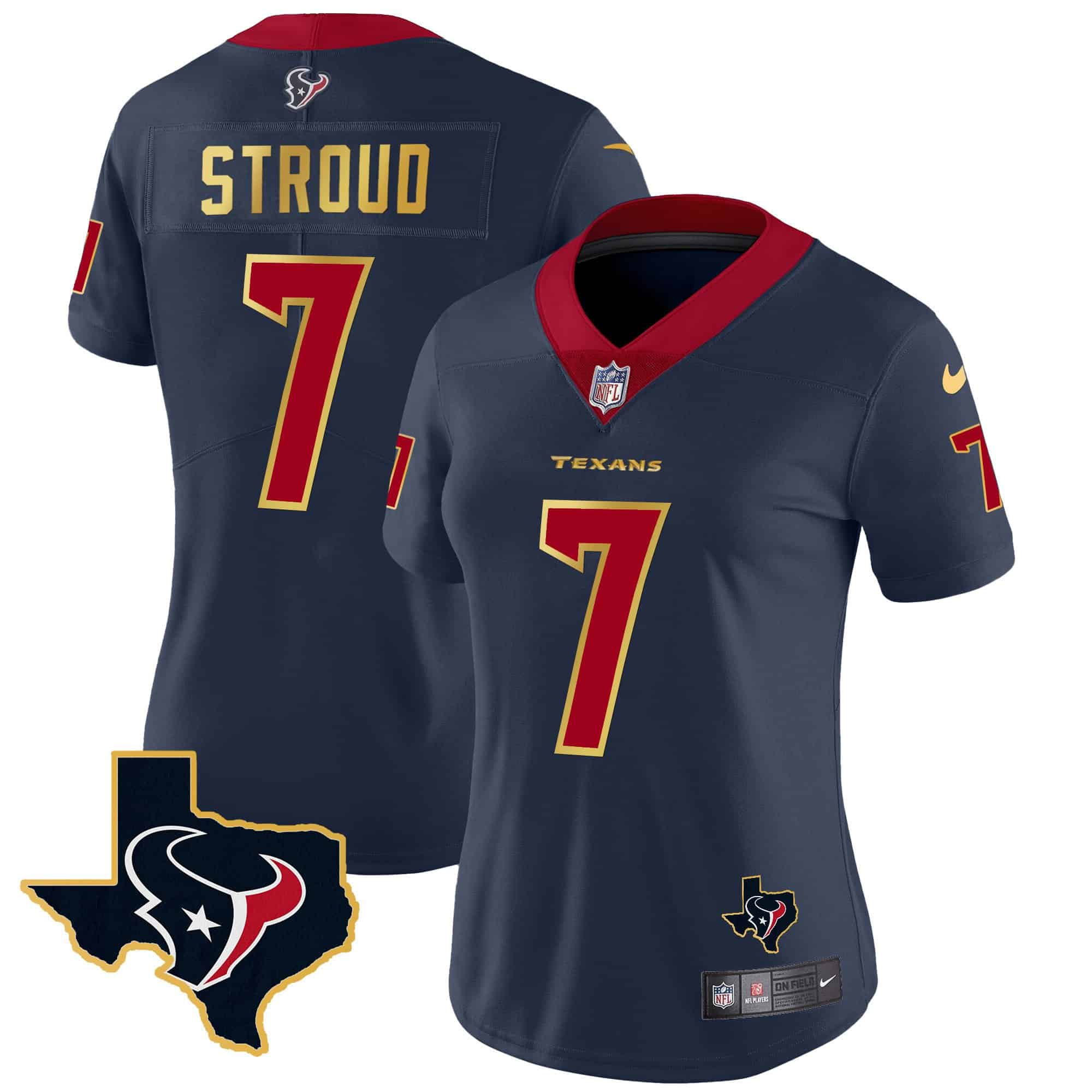 Women’s Houston Texans Gold Trim Vapor Jersey – All Stitched – Navy – C.J. Stroud