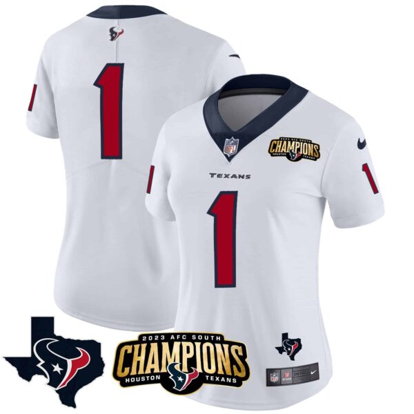 Women’s Houston Texans 2023 AFC South Champions Patch Vapor Jersey – All Stitched – White – #1 Team