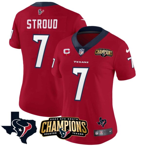 Women’s Houston Texans 2023 AFC South Champions Patch Vapor Jersey – All Stitched – Red – C.J. Stroud
