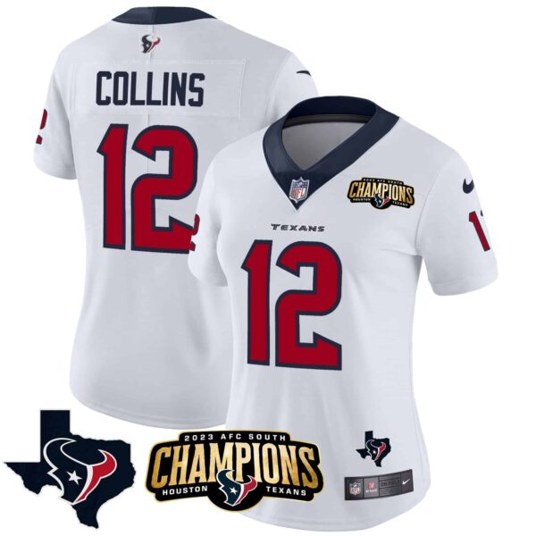 Women’s Houston Texans 2023 AFC South Champions Patch Vapor Jersey – All Stitched – White – Nico Collins