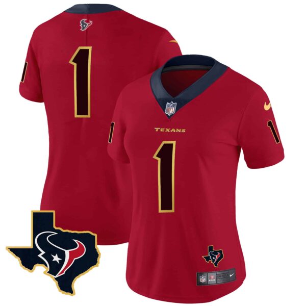 Women’s Houston Texans Gold Trim Vapor Jersey – All Stitched – Red – #1 Team