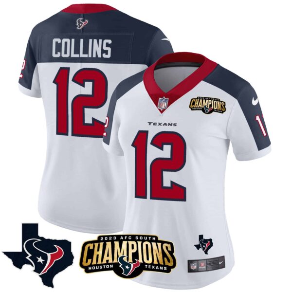 Women’s Houston Texans 2023 AFC South Champions Patch Vapor Jersey – All Stitched – Inverted – Nico Collins