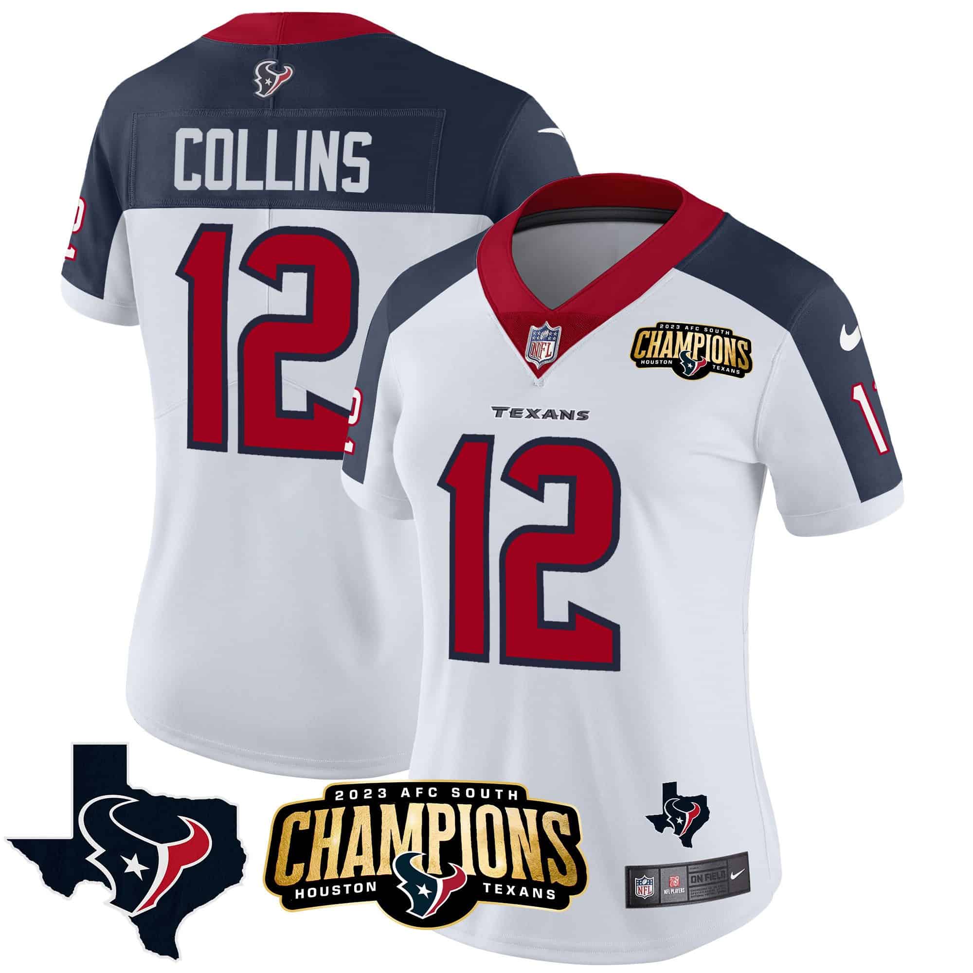Women’s Houston Texans 2023 AFC South Champions Patch Vapor Jersey – All Stitched – Inverted – Nico Collins