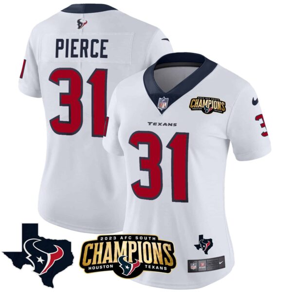 Women’s Houston Texans 2023 AFC South Champions Patch Vapor Jersey – All Stitched – White – Dameon Pierce