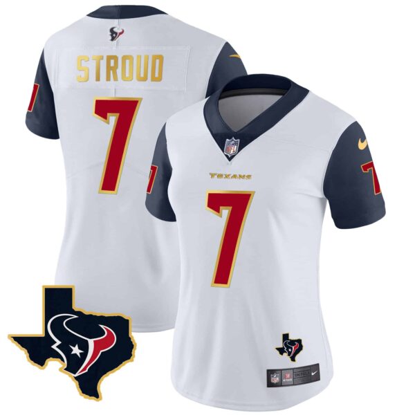 Women’s Houston Texans Gold Trim Vapor Jersey – All Stitched – Navy Sleeves – C.J. Stroud