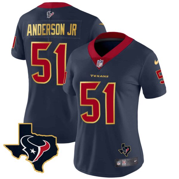 Women’s Houston Texans Gold Trim Vapor Jersey – All Stitched – Navy – Will Anderson Jr.
