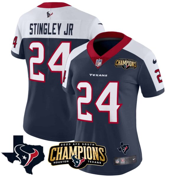 Women’s Houston Texans 2023 AFC South Champions Patch Vapor Jersey – All Stitched – Alternate – Derek Stingley Jr.