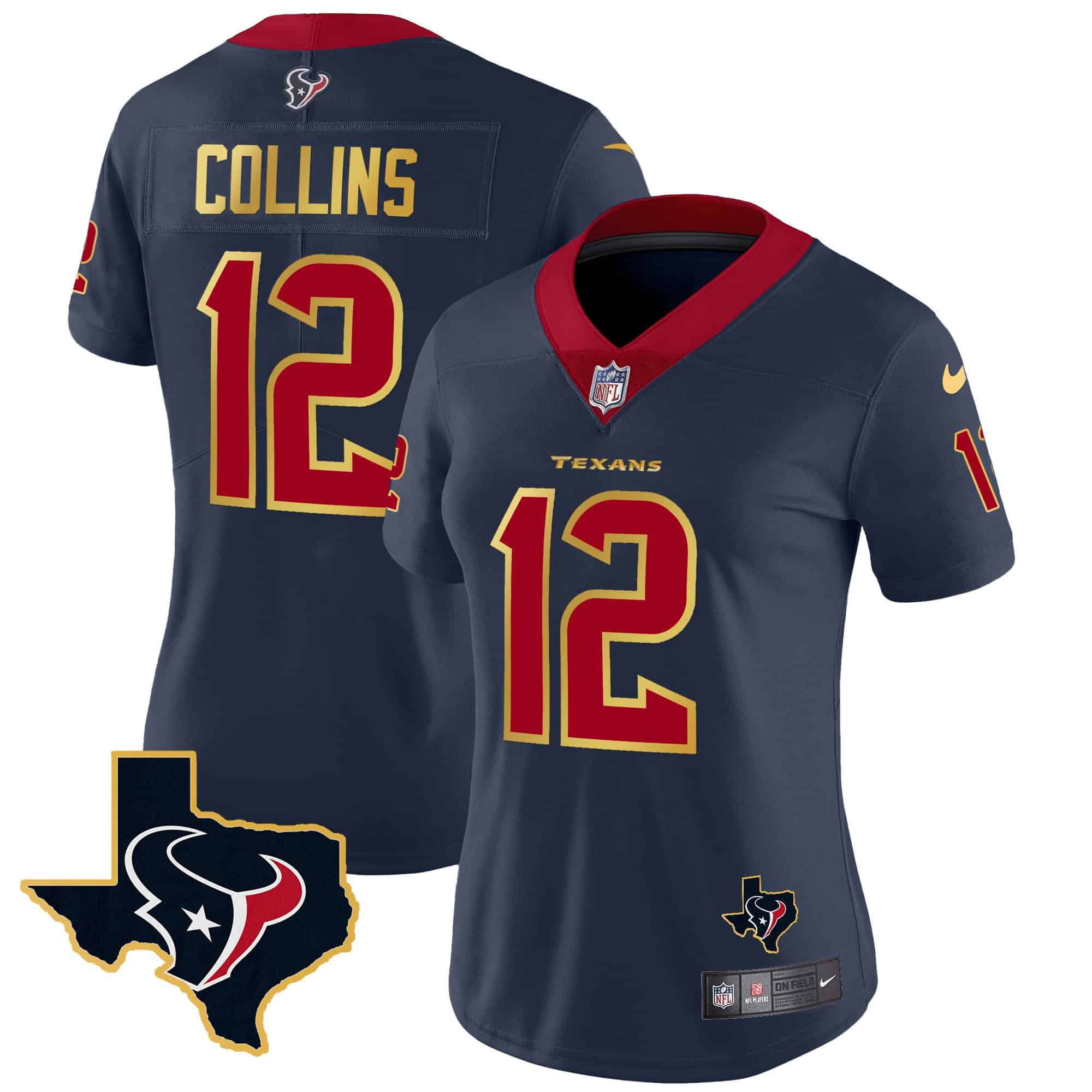 Women’s Houston Texans Gold Trim Vapor Jersey – All Stitched – Navy – Nico Collins