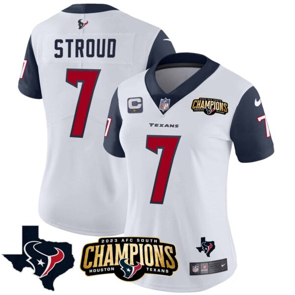 Women’s Houston Texans 2023 AFC South Champions Patch Vapor Jersey – All Stitched – Navy Sleeves – C.J. Stroud