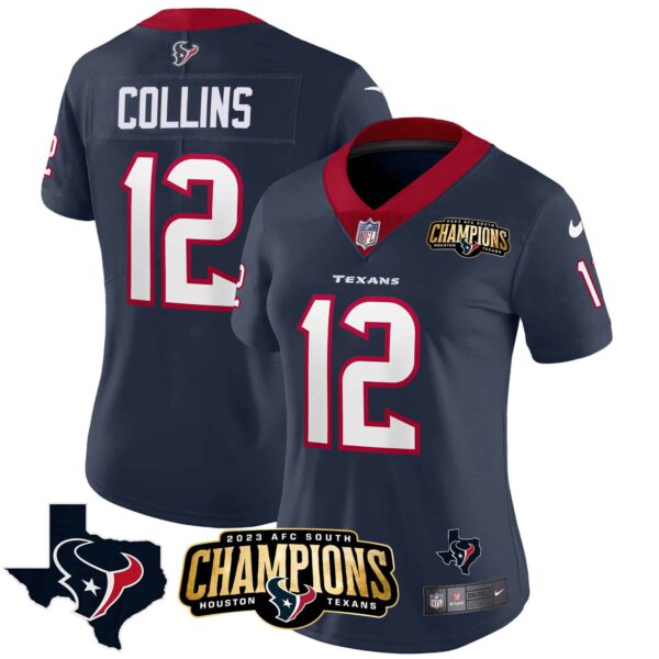 Women’s Houston Texans 2023 AFC South Champions Patch Vapor Jersey – All Stitched – Navy – Nico Collins