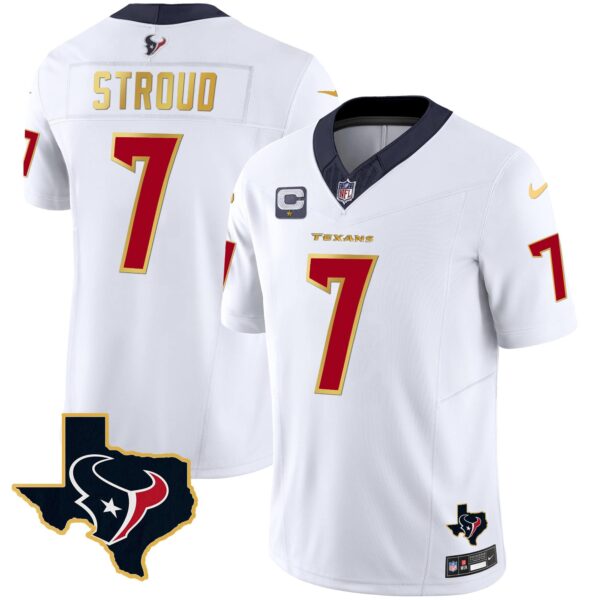 Men’s Houston Texans Gold Trim Vapor Jersey – All Stitched – White – C.J. Stroud