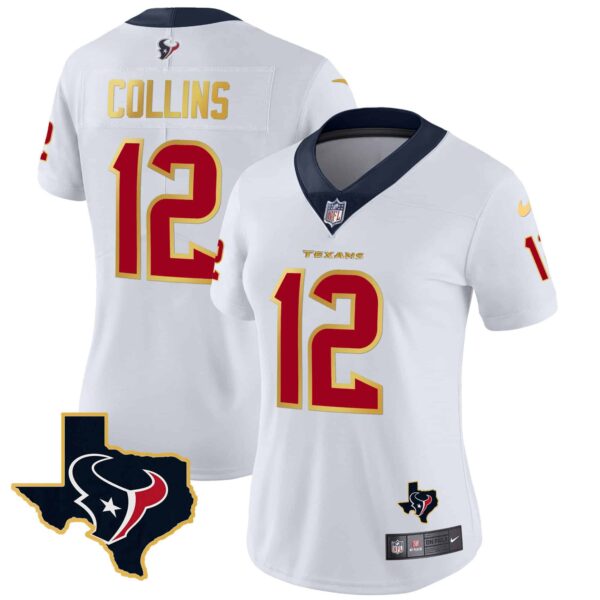 Women’s Houston Texans Gold Trim Vapor Jersey – All Stitched – White – Nico Collins