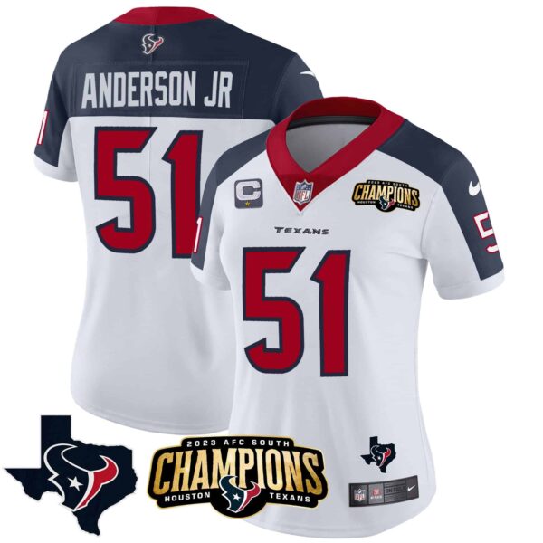 Women’s Houston Texans 2023 AFC South Champions Patch Vapor Jersey – All Stitched – Inverted – Will Anderson Jr.