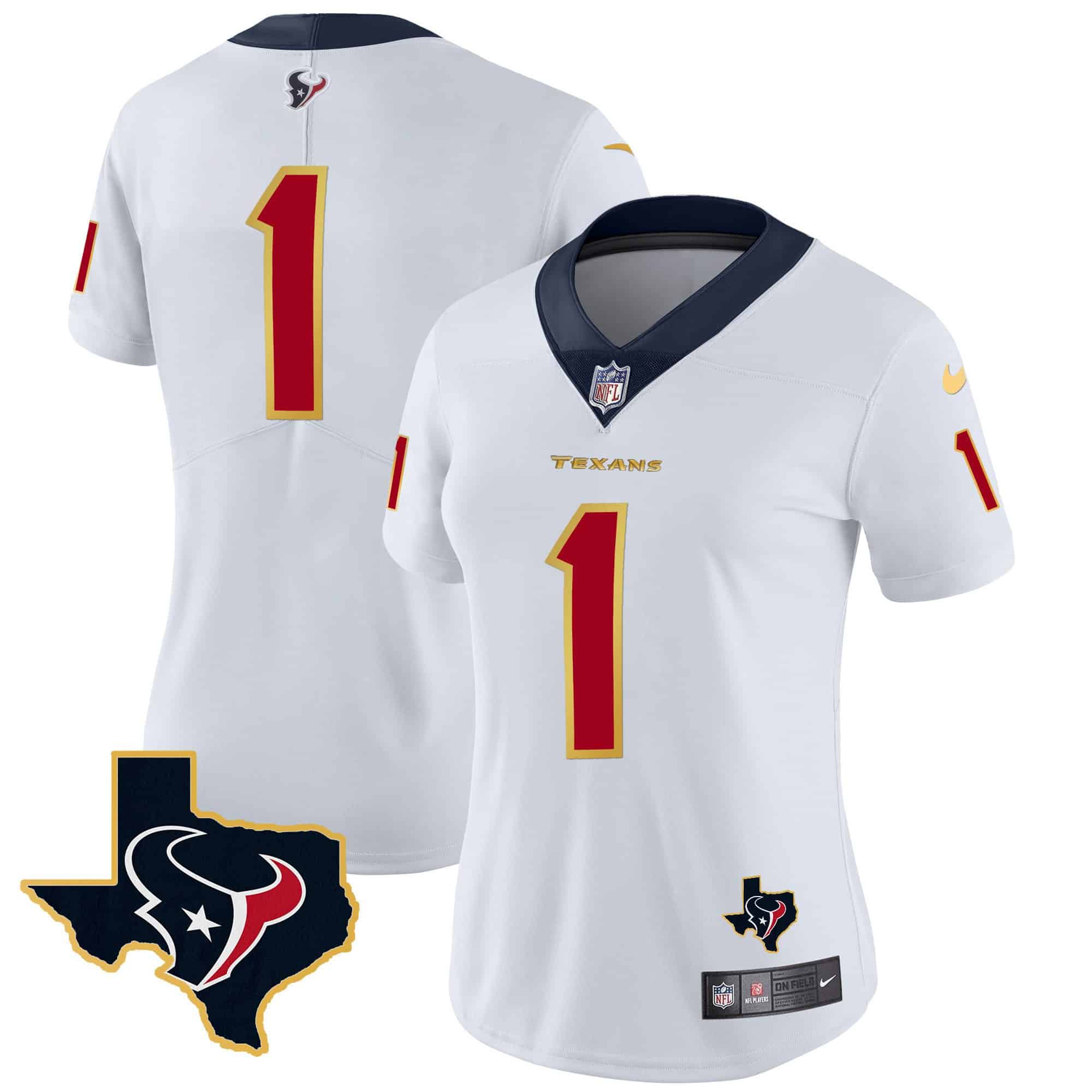 Women’s Houston Texans Gold Trim Vapor Jersey – All Stitched – White – #1 Team