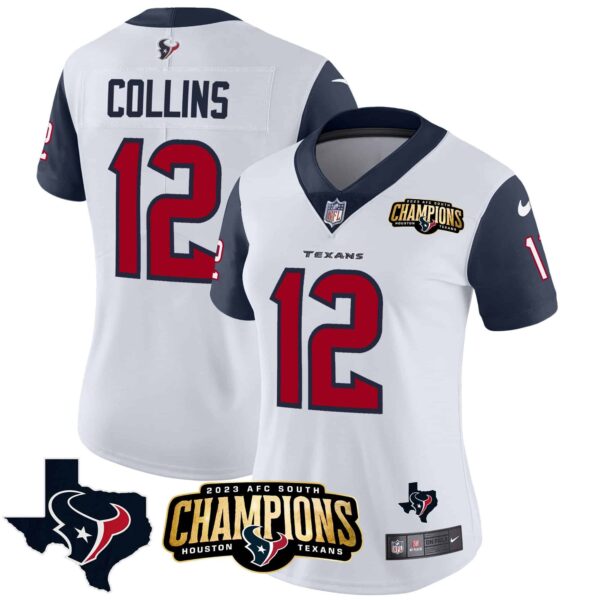 Women’s Houston Texans 2023 AFC South Champions Patch Vapor Jersey – All Stitched – Navy Sleeves – Nico Collins