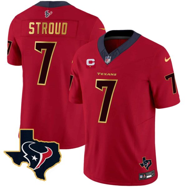 Men’s Houston Texans Gold Trim Vapor Jersey – All Stitched – Red – C.J. Stroud