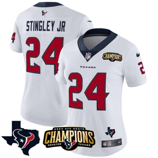 Women’s Houston Texans 2023 AFC South Champions Patch Vapor Jersey – All Stitched – White – Derek Stingley Jr.
