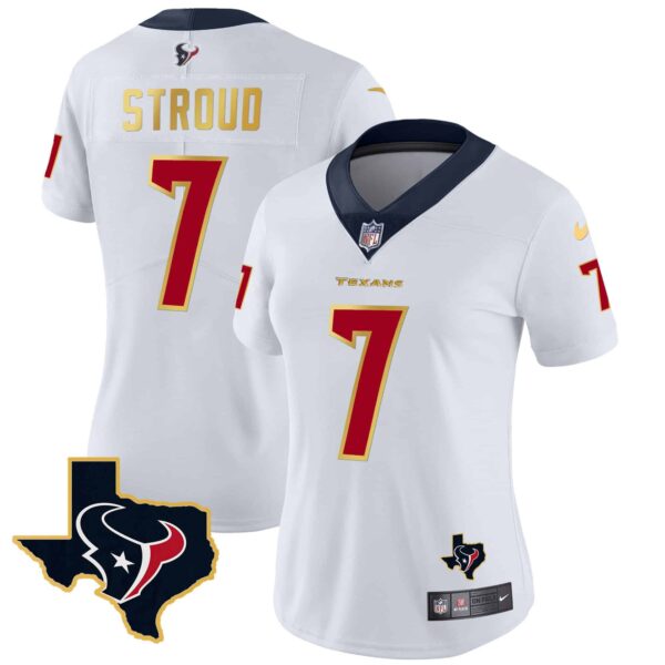 Women’s Houston Texans Gold Trim Vapor Jersey – All Stitched – White – C.J. Stroud