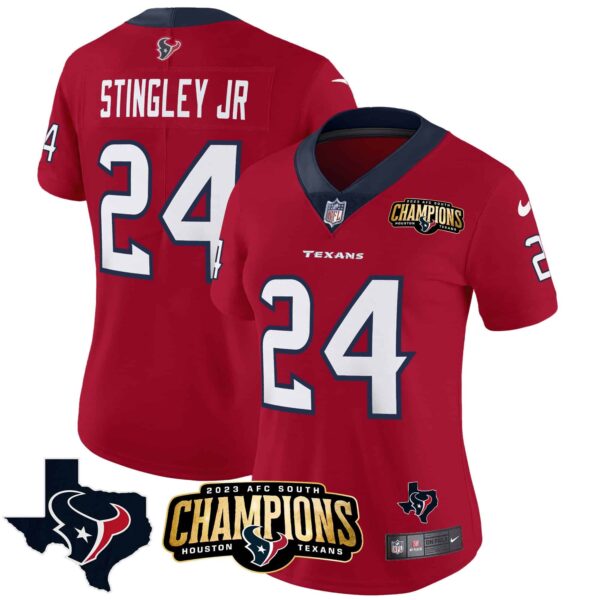 Women’s Houston Texans 2023 AFC South Champions Patch Vapor Jersey – All Stitched – Red – Derek Stingley Jr.