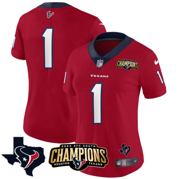 Women’s Houston Texans 2023 AFC South Champions Patch Vapor Jersey – All Stitched – Red – #1 Team