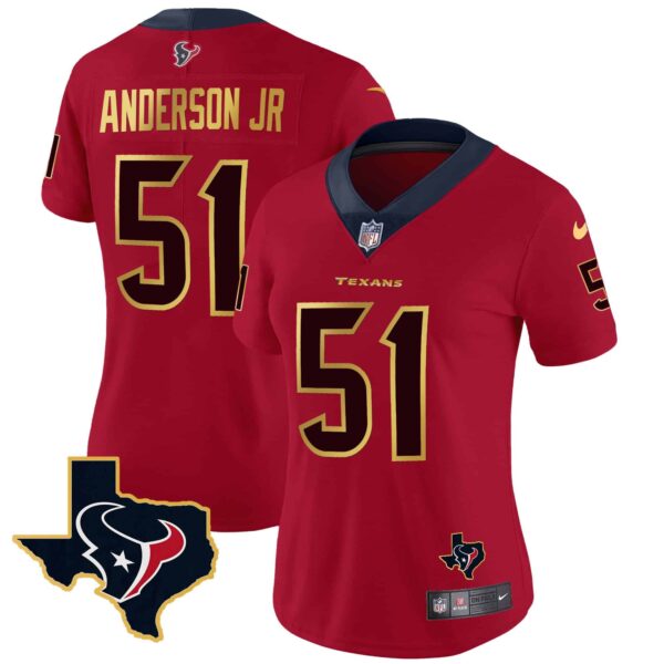 Women’s Houston Texans Gold Trim Vapor Jersey – All Stitched – Red – Will Anderson Jr.