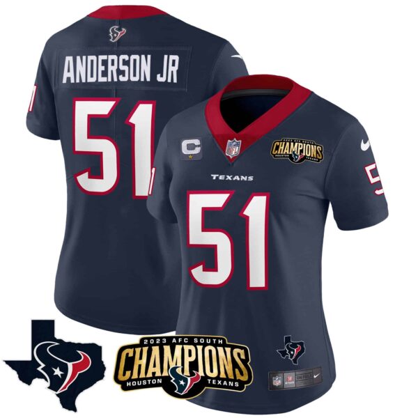 Women’s Houston Texans 2023 AFC South Champions Patch Vapor Jersey – All Stitched – Navy – Will Anderson Jr.