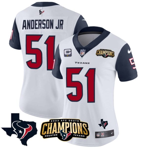 Women’s Houston Texans 2023 AFC South Champions Patch Vapor Jersey – All Stitched – Navy Sleeves – Will Anderson Jr.