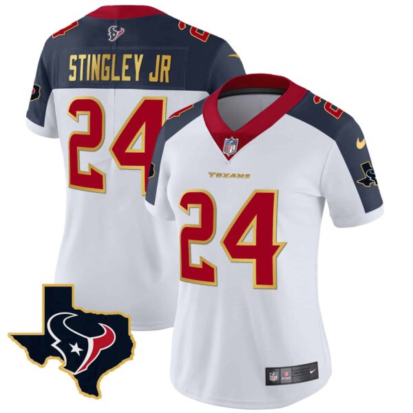 Women’s Houston Texans Gold Trim Vapor Jersey – All Stitched – Inverted – Derek Stingley Jr.