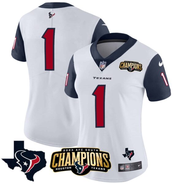Women’s Houston Texans 2023 AFC South Champions Patch Vapor Jersey – All Stitched – Navy Sleeves – #1 Team