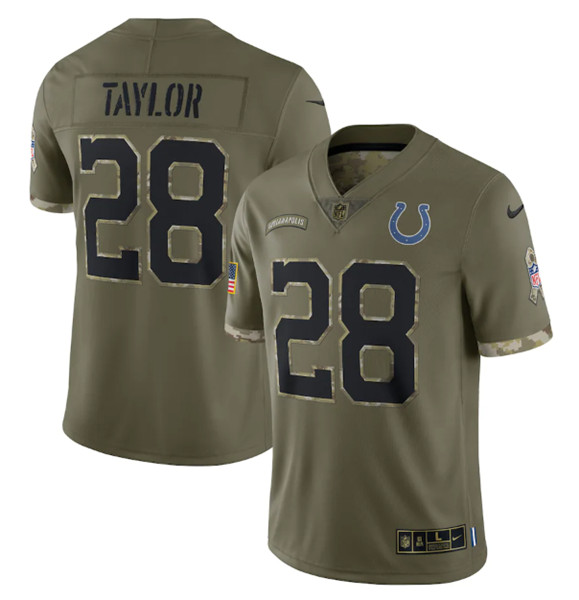 Men’s Indianapolis Colts #28 Jonathan Taylor 2022 Olive Salute To Service Limited Stitched Jersey