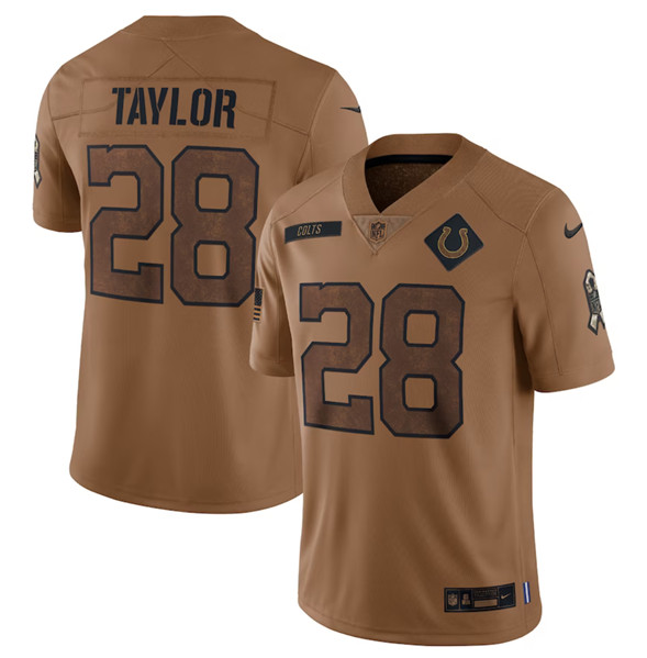 Men’s Indianapolis Colts #28 Jonathan Taylor 2023 Brown Salute To Sertvice Limited Football Stitched Jersey