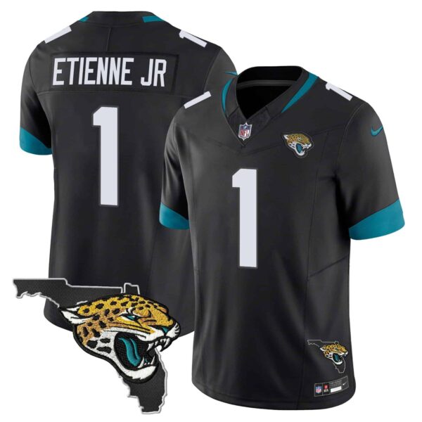 Men’s Jacksonville Jaguars Florida Patch Vapor Jersey – All Stitched – Black – Travis Etienne Jr.