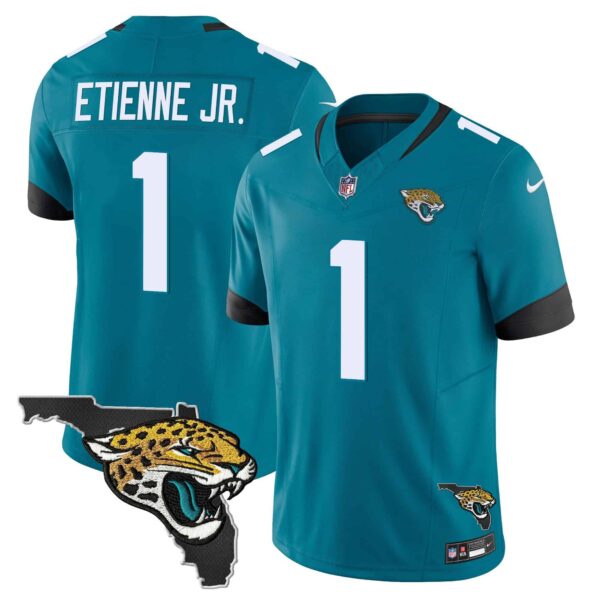 Men’s Jacksonville Jaguars Florida Patch Vapor Jersey – All Stitched – Teal – Travis Etienne Jr.