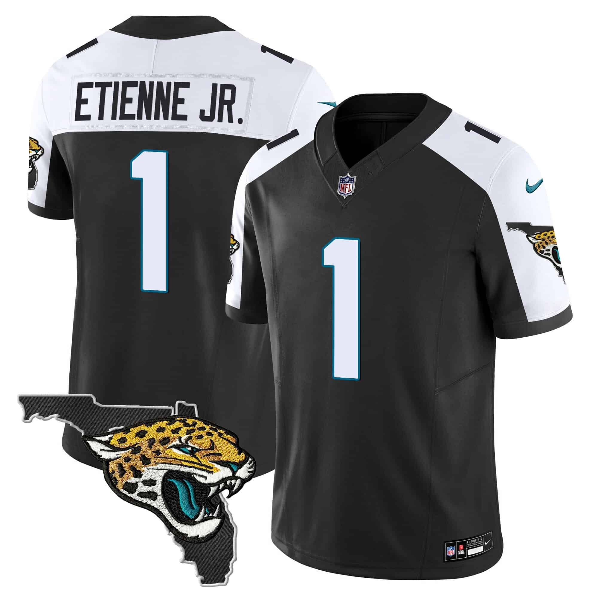 Men’s Jacksonville Jaguars Florida Patch Vapor Jersey – All Stitched – Black Alternate – Travis Etienne Jr.