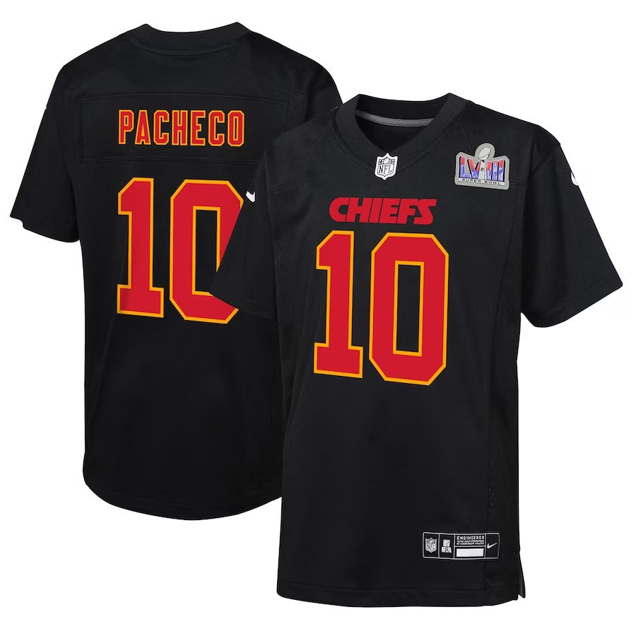 Kansas City Chiefs #10 Isiah Pacheco Super Bowl LVIII Patch Carbon Fashion Game Jersey – Black