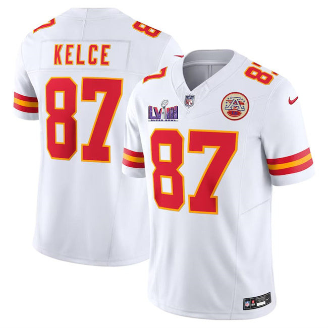 Kansas City Chiefs #87 Travis Kelce White FUSE Super Bowl LVIII Patch Vapor Jersey