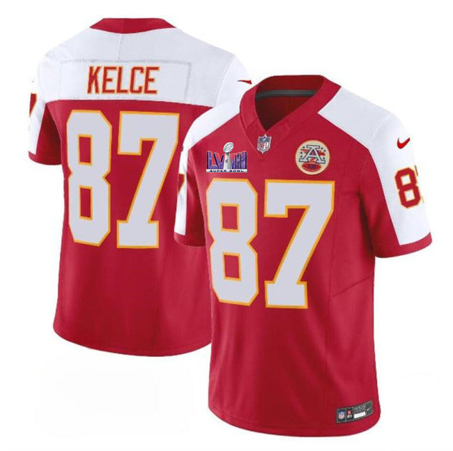Kansas City Chiefs #87 Travis Kelce Red White FUSE Super Bowl LVIII Patch Vapor Jersey